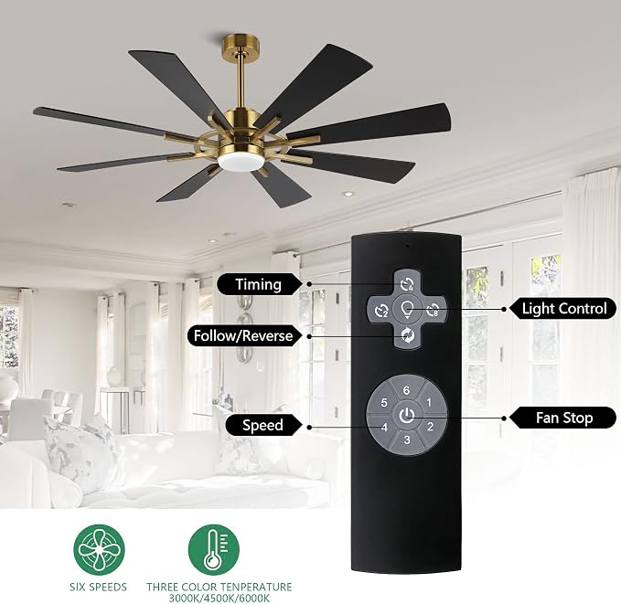 72" DC Ceiling Fan with Lights and Remote, Gold and Black Ceiling Fan w/ 3 Downrods, 8 Plywood Blades, 6-Speed Reversible DC