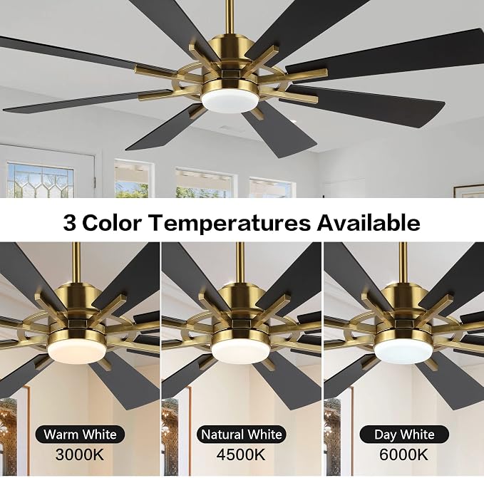 72" DC Ceiling Fan with Lights and Remote, Gold and Black Ceiling Fan w/ 3 Downrods, 8 Plywood Blades, 6-Speed Reversible DC