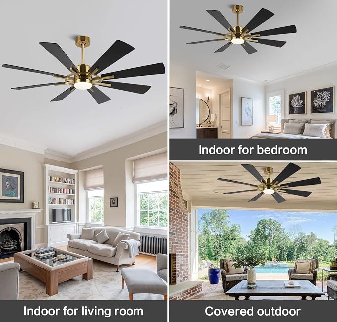 72" DC Ceiling Fan with Lights and Remote, Gold and Black Ceiling Fan w/ 3 Downrods, 8 Plywood Blades, 6-Speed Reversible DC