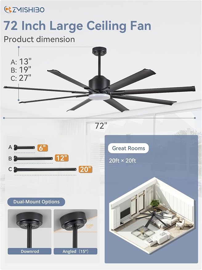 72 inch Aluminium Blade Ceiling Fans with Lights and Remote, Outdoor Ceiling Fans for Patio Living Room with Quiet DC Motor