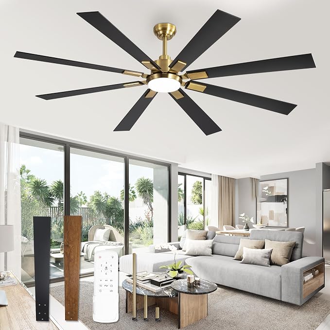 72 inch Black and Gold Ceiling Fans with Lights and Remote, Indoor/Outdoor Ceiling Fan for Patio Living Room, 6 Speed