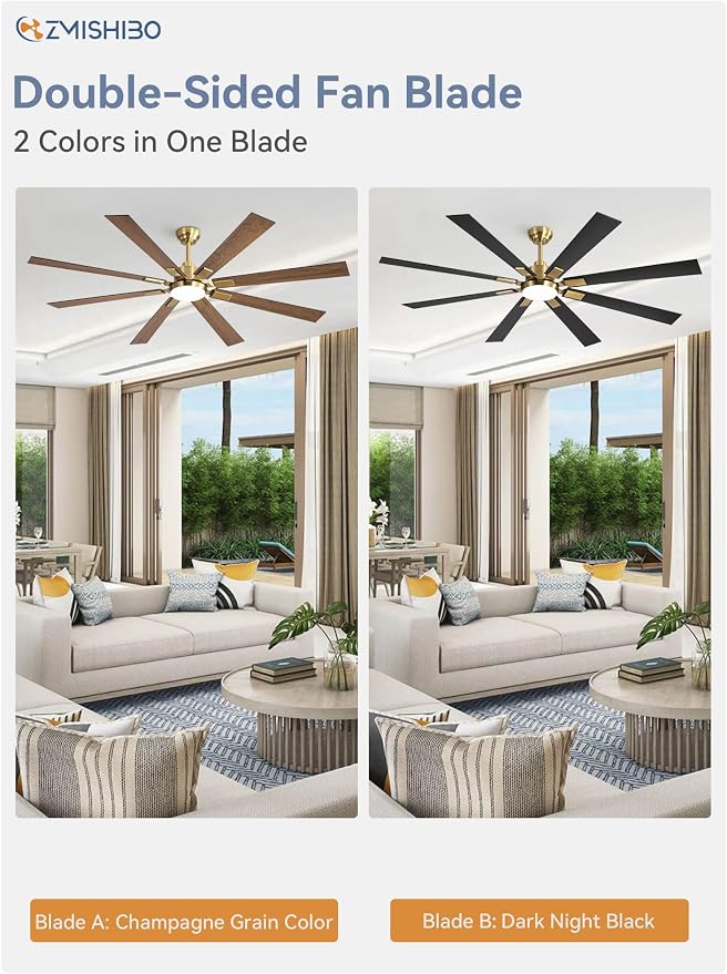 72 inch Black and Gold Ceiling Fans with Lights and Remote, Indoor/Outdoor Ceiling Fan for Patio Living Room, 6 Speed
