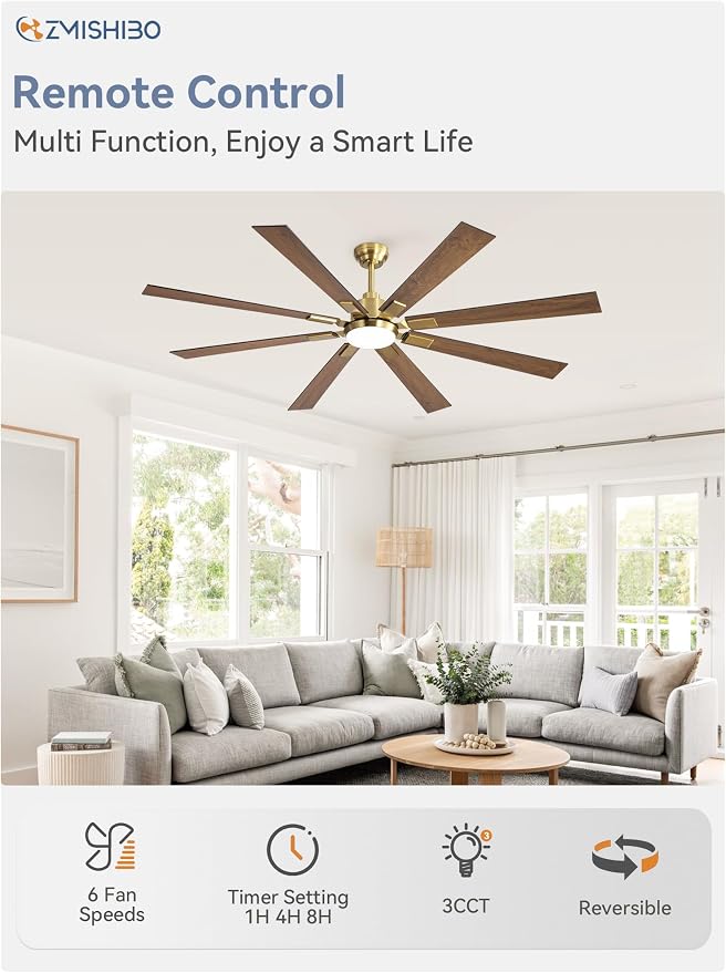 72 inch Black and Gold Ceiling Fans with Lights and Remote, Indoor/Outdoor Ceiling Fan for Patio Living Room, 6 Speed