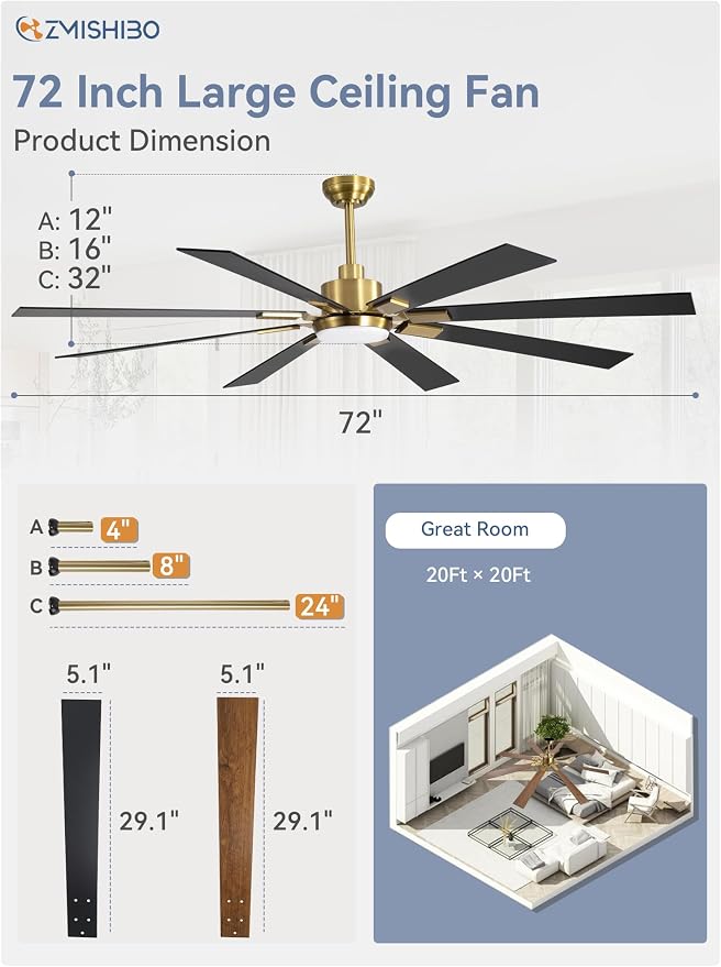72 inch Black and Gold Ceiling Fans with Lights and Remote, Indoor/Outdoor Ceiling Fan for Patio Living Room, 6 Speed
