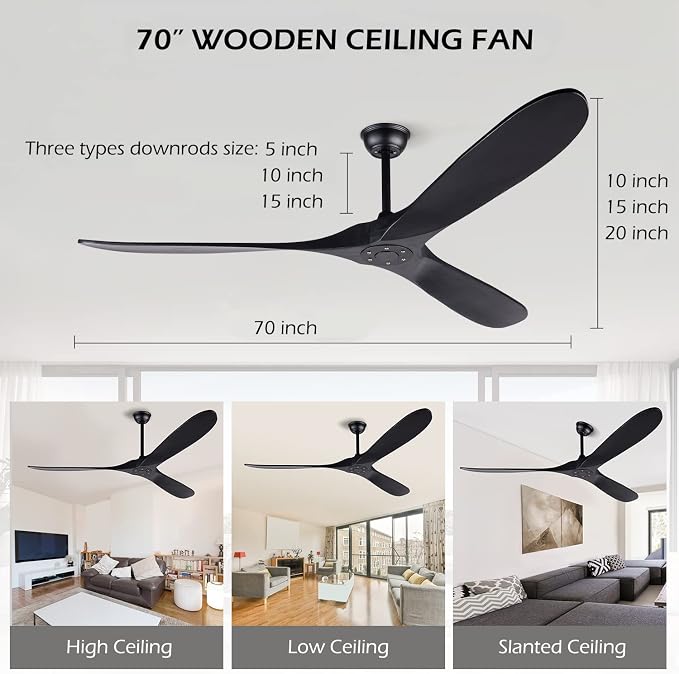 72 Inch Black Ceiling Fan No Light,Wood Outdoor Ceiling Fans for Patios Living Room Gazebo Mid Century Modern Exterior Extra