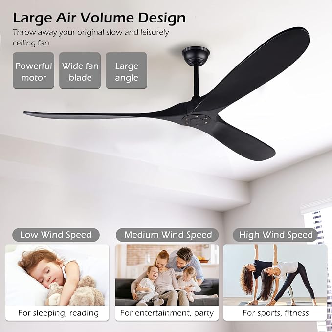 72 Inch Black Ceiling Fan No Light,Wood Outdoor Ceiling Fans for Patios Living Room Gazebo Mid Century Modern Exterior Extra