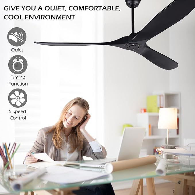72 Inch Black Ceiling Fan No Light,Wood Outdoor Ceiling Fans for Patios Living Room Gazebo Mid Century Modern Exterior Extra