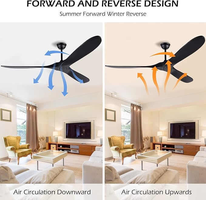 72 Inch Black Ceiling Fan No Light,Wood Outdoor Ceiling Fans for Patios Living Room Gazebo Mid Century Modern Exterior Extra