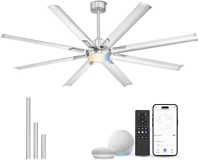 72 Inch Bruehed Nickel Ceiling Fan With Light,Smart Fan Work With Alexa,Industrial Ceiling Fan With 8 Aluminium Metal
