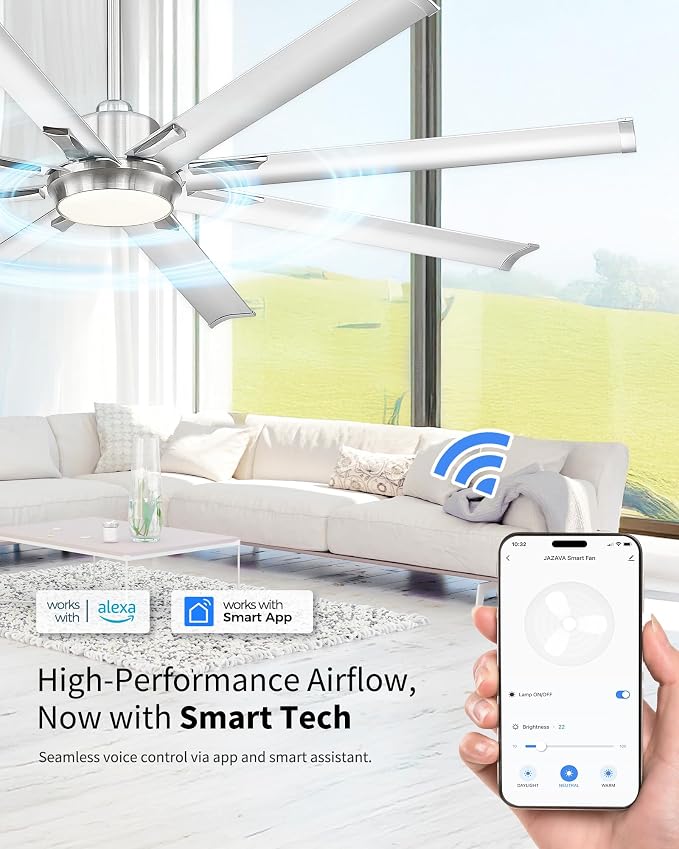 72 Inch Bruehed Nickel Ceiling Fan With Light,Smart Fan Work With Alexa,Industrial Ceiling Fan With 8 Aluminium Metal