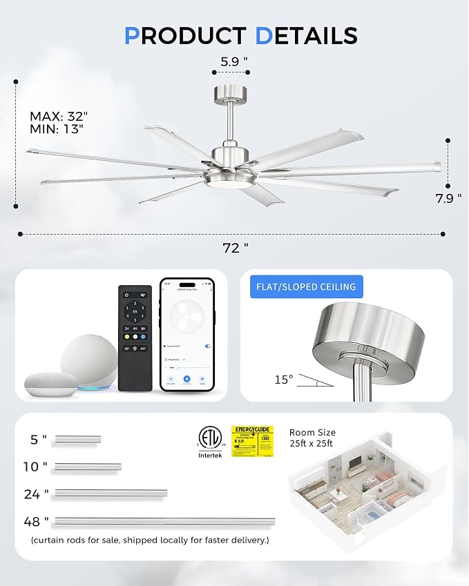 72 Inch Bruehed Nickel Ceiling Fan With Light,Smart Fan Work With Alexa,Industrial Ceiling Fan With 8 Aluminium Metal