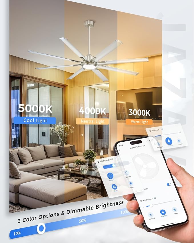 72 Inch Bruehed Nickel Ceiling Fan With Light,Smart Fan Work With Alexa,Industrial Ceiling Fan With 8 Aluminium Metal