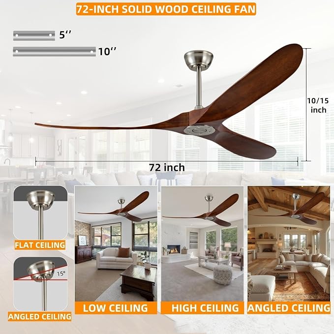 72 Inch Ceiling Fan No Light, Outdoor Patio Wooden Ceiling Fan Without Light,with Remote Control,Quiet Reversible
