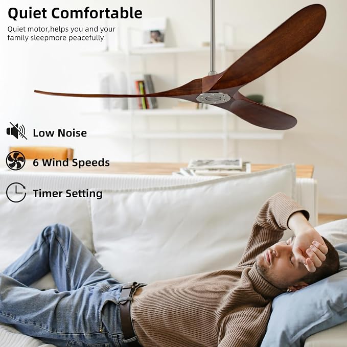 72 Inch Ceiling Fan No Light, Outdoor Patio Wooden Ceiling Fan Without Light,with Remote Control,Quiet Reversible