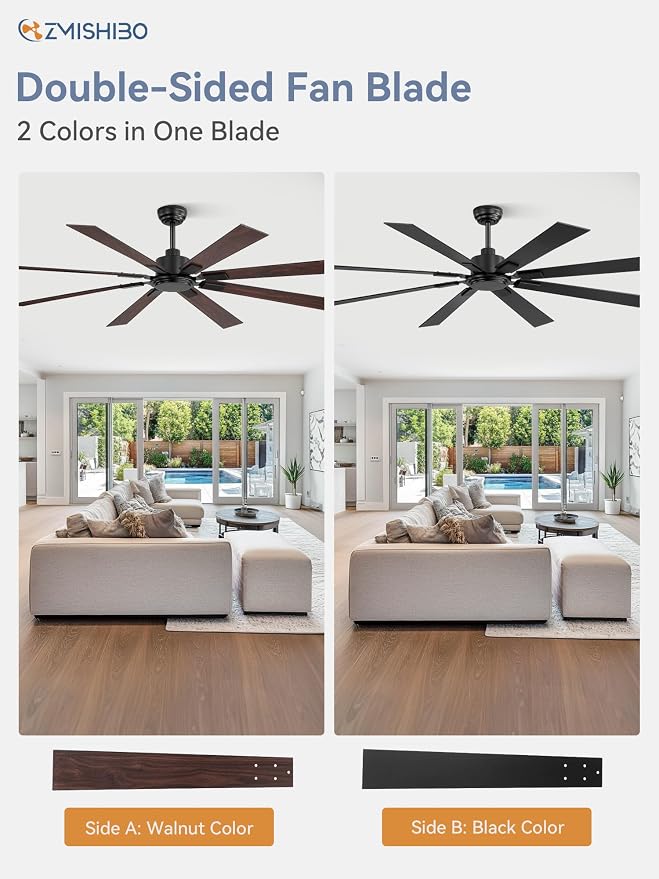 72 Inch Ceiling Fan No Light with Remote Control, 8 Blades Quiet DC Reversible Motor, 6-Speed, Timer, Black Finish, Indoor