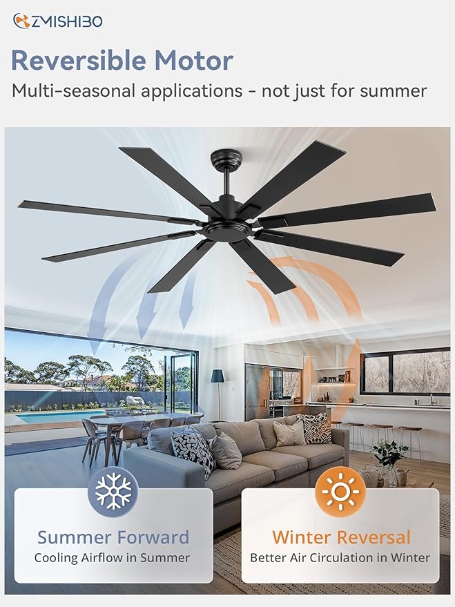 72 Inch Ceiling Fan No Light with Remote Control, 8 Blades Quiet DC Reversible Motor, 6-Speed, Timer, Black Finish, Indoor