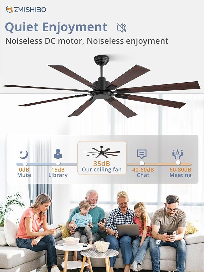 72 Inch Ceiling Fan No Light with Remote Control, 8 Blades Quiet DC Reversible Motor, 6-Speed, Timer, Black Finish, Indoor