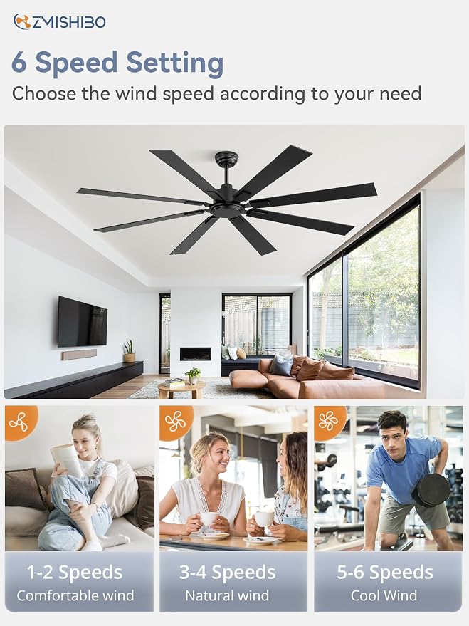 72 Inch Ceiling Fan No Light with Remote Control, 8 Blades Quiet DC Reversible Motor, 6-Speed, Timer, Black Finish, Indoor