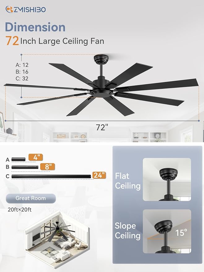 72 Inch Ceiling Fan No Light with Remote Control, 8 Blades Quiet DC Reversible Motor, 6-Speed, Timer, Black Finish, Indoor