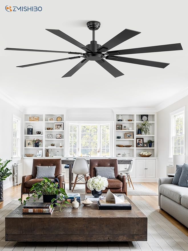 72 Inch Ceiling Fan No Light with Remote Control, 8 Blades Quiet DC Reversible Motor, 6-Speed, Timer, Black Finish, Indoor