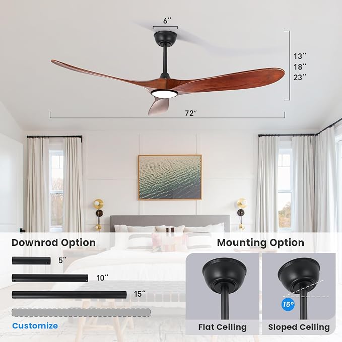 72 Inch Ceiling Fan with Light and Remote Control, Wood Outdoor Ceiling Fans with Lights Dimmable for Bedroom Living Room