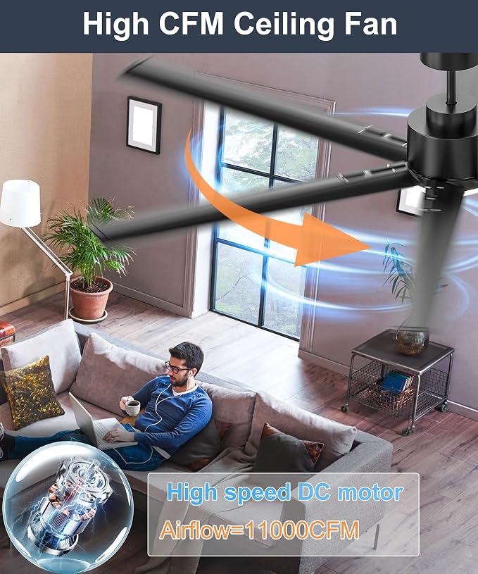 72 Inch Ceiling Fan with Light,High CFM Industrial LED Fan Lights with 6 Aluminium Blades,Remote Control, Air Reversible 6