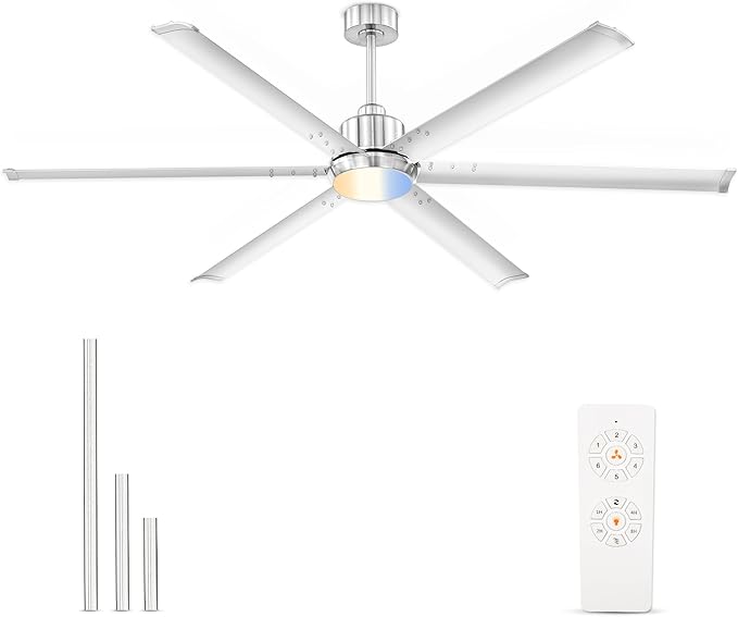 72 Inch Ceiling Fan with Light, Industrial Aluminum Blades, DC Motor 6 Speed Reversible,Covered Outdoor Space, Brushed