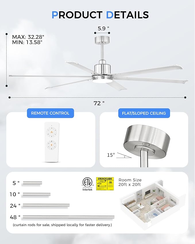 72 Inch Ceiling Fan with Light, Industrial Aluminum Blades, DC Motor 6 Speed Reversible,Covered Outdoor Space, Brushed