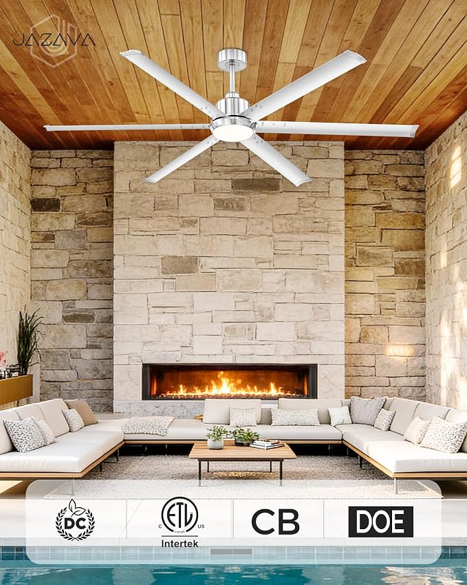 72 Inch Ceiling Fan with Light, Industrial Aluminum Blades, DC Motor 6 Speed Reversible,Covered Outdoor Space, Brushed