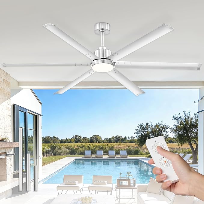 72 Inch Ceiling Fan with Light, Industrial Aluminum Blades, DC Motor 6 Speed Reversible,Covered Outdoor Space, Brushed