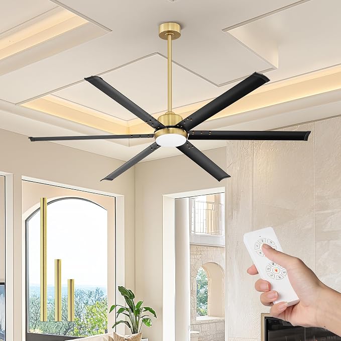 72 Inch Ceiling Fan with Light, Industrial Aluminum Blades, DC Motor 6 Speed Reversible,Covered Outdoor Porch, Black &