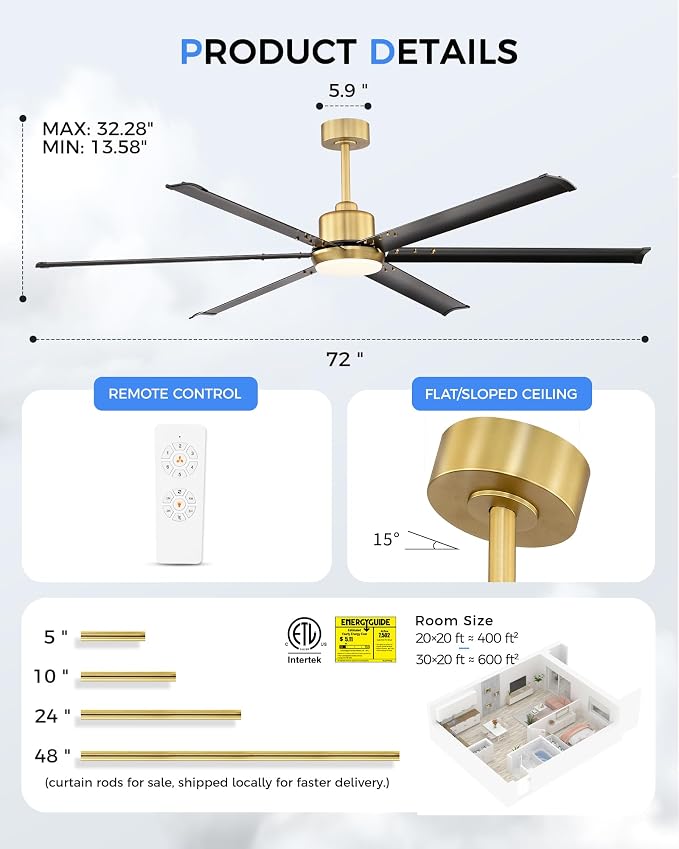 72 Inch Ceiling Fan with Light, Industrial Aluminum Blades, DC Motor 6 Speed Reversible,Covered Outdoor Porch, Black &