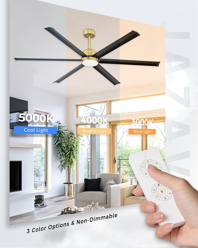72 Inch Ceiling Fan with Light, Industrial Aluminum Blades, DC Motor 6 Speed Reversible,Covered Outdoor Porch, Black &
