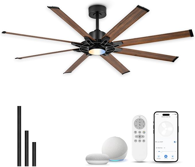 72 Inch Ceiling Fan with Light, Industrial Ceiling Fan with 8 Aluminium Metal Blades, Smart Fan Compatible with