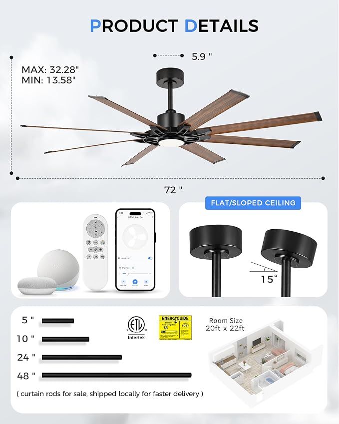 72 Inch Ceiling Fan with Light, Industrial Ceiling Fan with 8 Aluminium Metal Blades, Smart Fan Compatible with, alternate