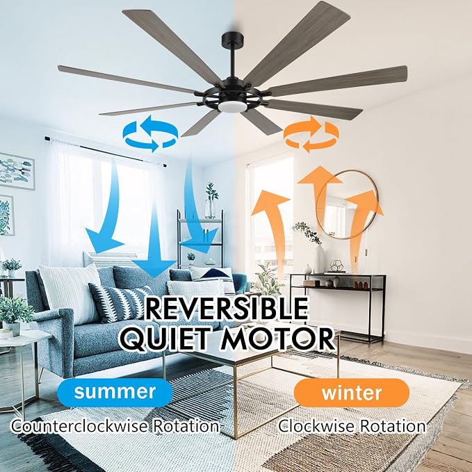 72 Inch Ceiling Fan with Lights and 3 Downrods, 8 Plywood Blades, 6-Speed Noiseless Reversible DC Motor, 3CCT, Windmill
