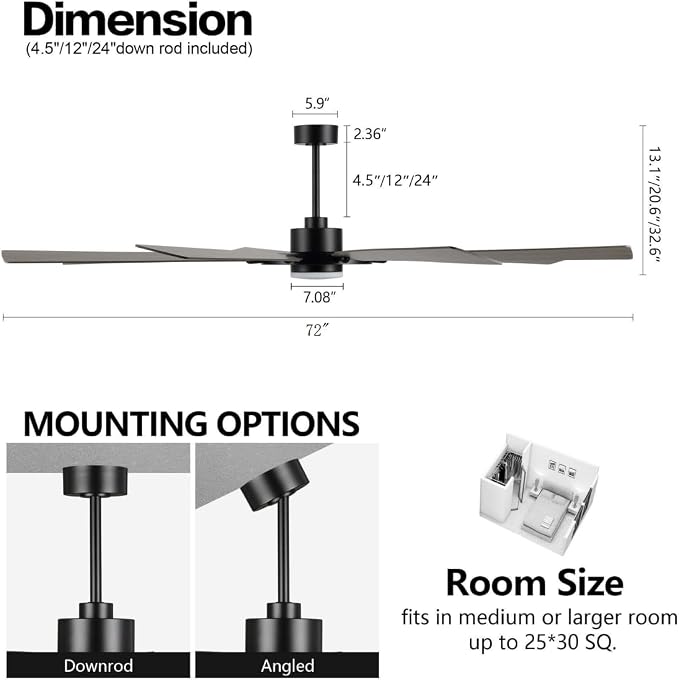 72 Inch Ceiling Fan with Lights and 3 Downrods, 8 Plywood Blades, 6-Speed Noiseless Reversible DC Motor, 3CCT, Windmill