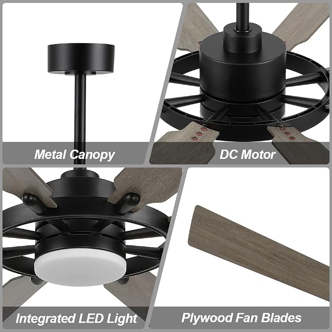72 Inch Ceiling Fan with Lights and 3 Downrods, 8 Plywood Blades, 6-Speed Noiseless Reversible DC Motor, 3CCT, Windmill