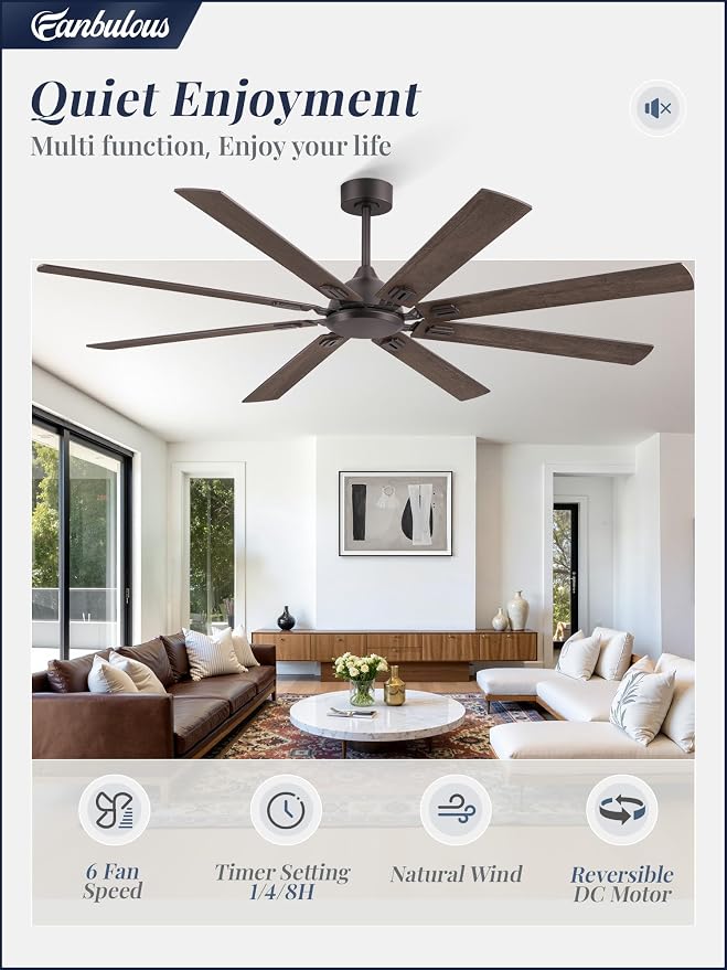 72 Inch Ceiling Fans No Light with Remote, Modern Ceiling Fan Without Light, Dual Finish 8 Blades, Reversible DC Motor, 6