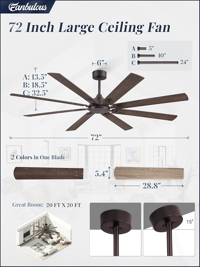 72 Inch Ceiling Fans No Light with Remote, Modern Ceiling Fan Without Light, Dual Finish 8 Blades, Reversible DC Motor, 6