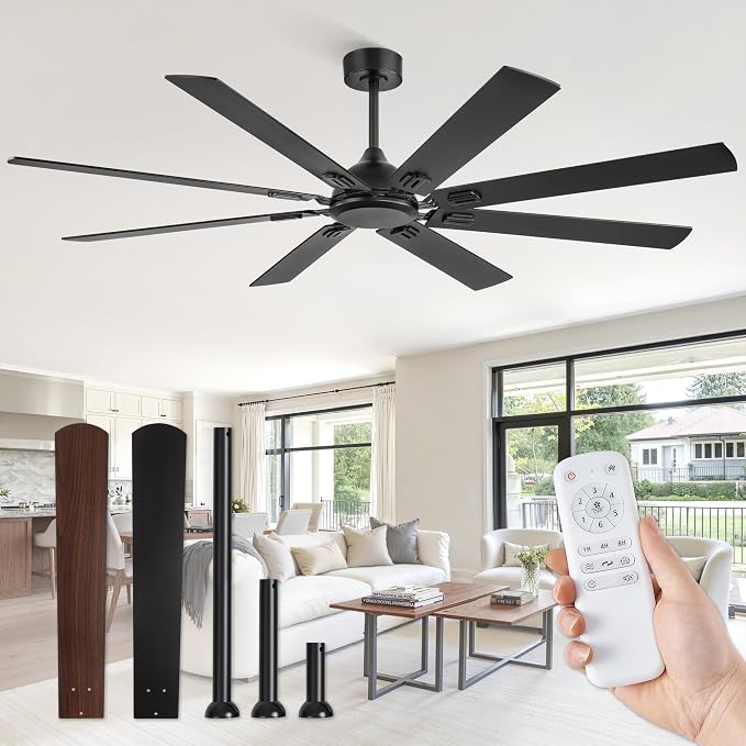72 Inch Ceiling Fans No Light with Remote, Modern Ceiling Fan Without Light, Dual Finish 8 Blades, Reversible Quiet DC Motor