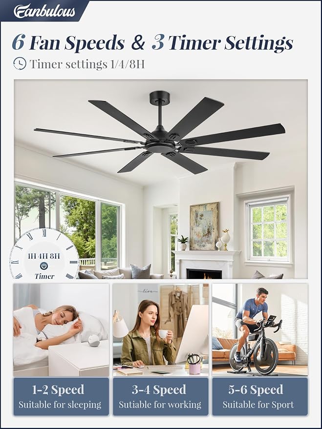 72 Inch Ceiling Fans No Light with Remote, Modern Ceiling Fan Without Light, Dual Finish 8 Blades, Reversible Quiet DC Motor