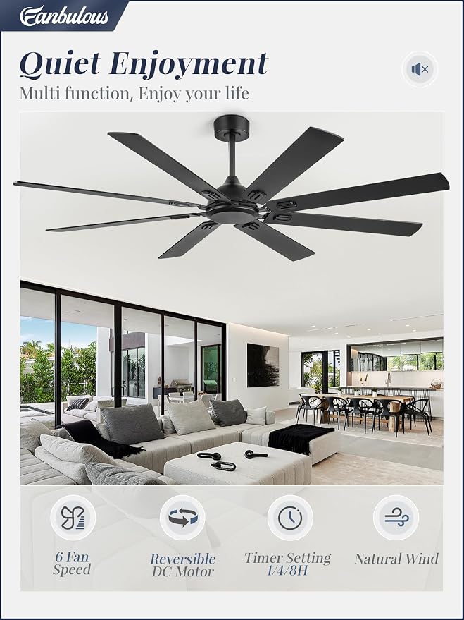 72 Inch Ceiling Fans No Light with Remote, Modern Ceiling Fan Without Light, Dual Finish 8 Blades, Reversible Quiet DC Motor