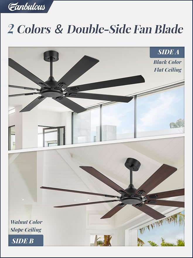 72 Inch Ceiling Fans No Light with Remote, Modern Ceiling Fan Without Light, Dual Finish 8 Blades, Reversible Quiet DC Motor