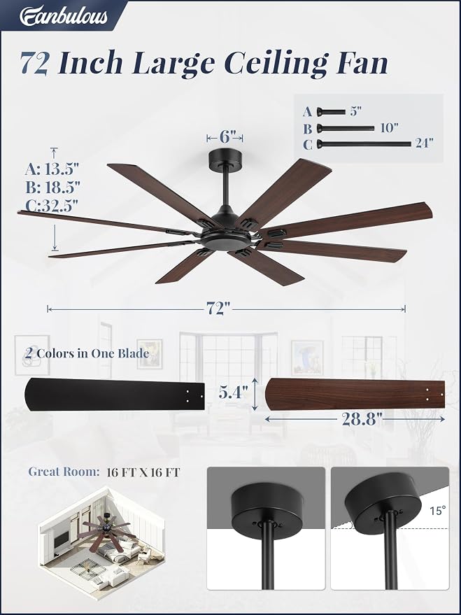 72 Inch Ceiling Fans No Light with Remote, Modern Ceiling Fan Without Light, Dual Finish 8 Blades, Reversible Quiet DC Motor