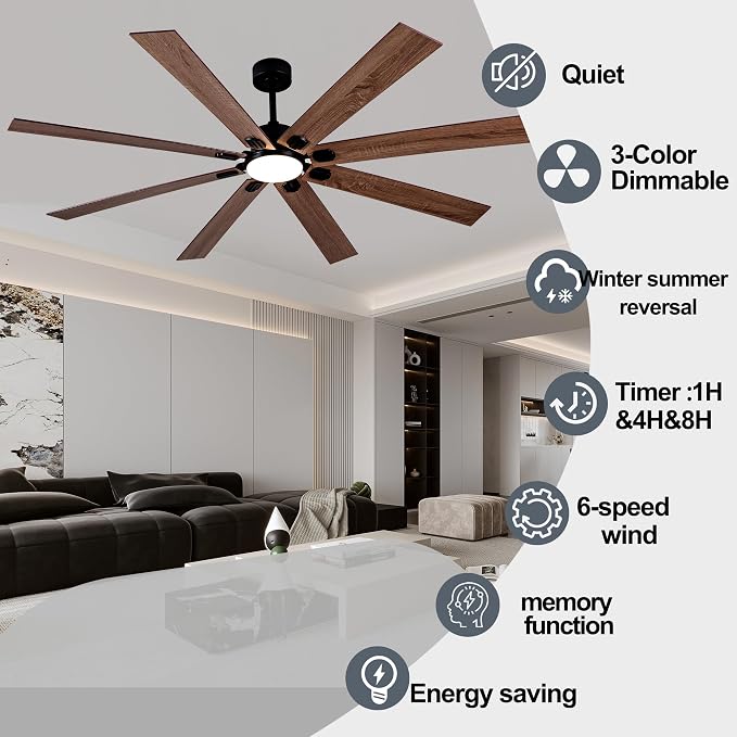 72 Inch Ceiling Fans with Lights and Remote Control, Black Indoor/Outdoor Ceiling Fan with Dimmable LED Light - 6 Speed Quiet