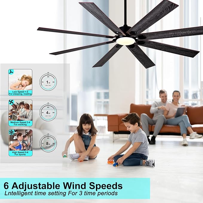 72 Inch Ceiling Fans with Lights and Remote Control, Black Indoor/Outdoor Ceiling Fan with Dimmable LED Light - 6 Speed Quiet