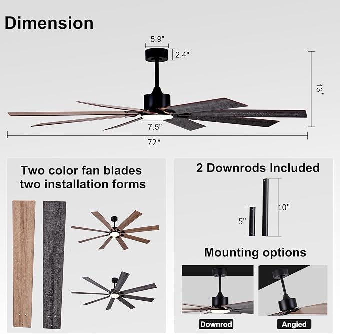 72 Inch Ceiling Fans with Lights and Remote Control, Black Indoor/Outdoor Ceiling Fan with Dimmable LED Light - 6 Speed Quiet