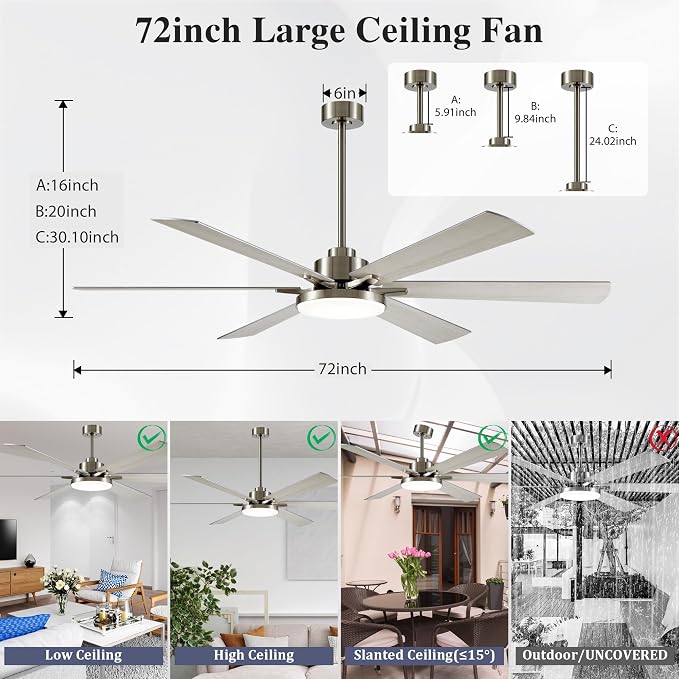 72 Inch Ceiling Fans with Lights and Remote Control,Indoor/Outdoor Flush Mount Low Profile Commercial Reversible Dimmable