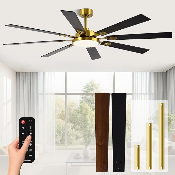 72 Inch Ceiling Fans with Lights and Remote, Dual Color 8 Blades, Bedroom Living Room Office Library Cafe Outdoor Industrial